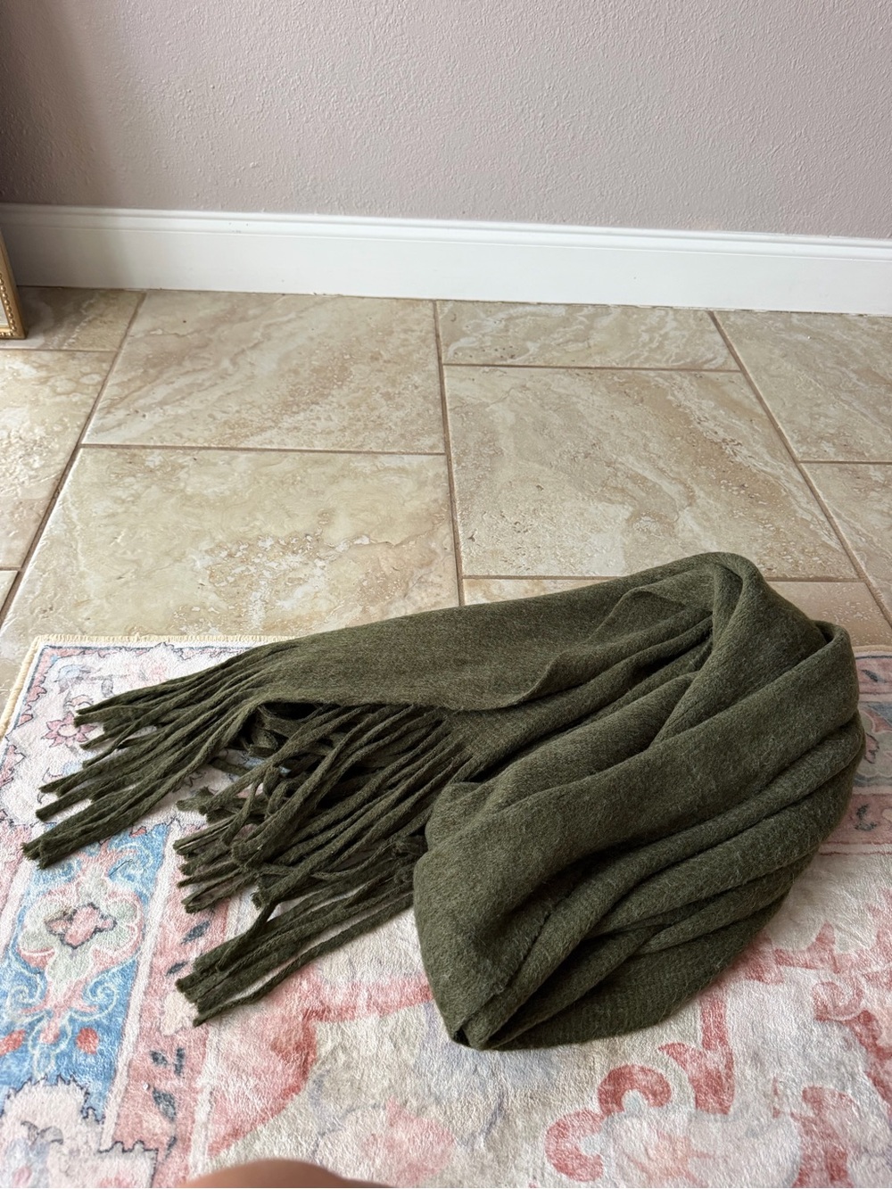 Anthropologie Olive Green Fringed Scarf Wrap